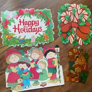 Lot of 3 Vintage Christmas Die Cut Outs + 1 Plastic Window Hanger Decor READ